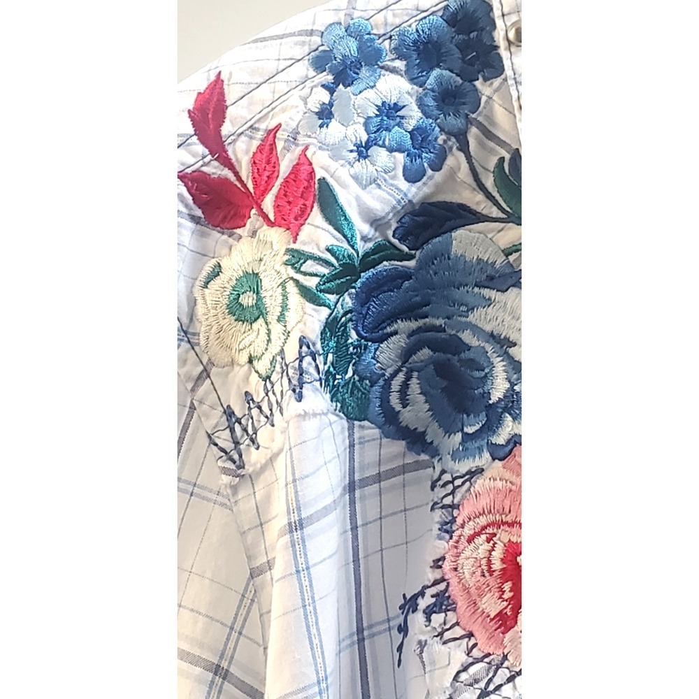 3J Workshop Johnny Was L Plaid Shirt Embroidery Rose Western Cowgirl Raw Hem L/S - Picture 9 of 16